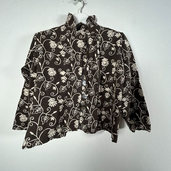 Tancredi & Morgen Womens Floral Embroidered Long Sleeve Button-Up Blouse Brown - Picture 1 of 8